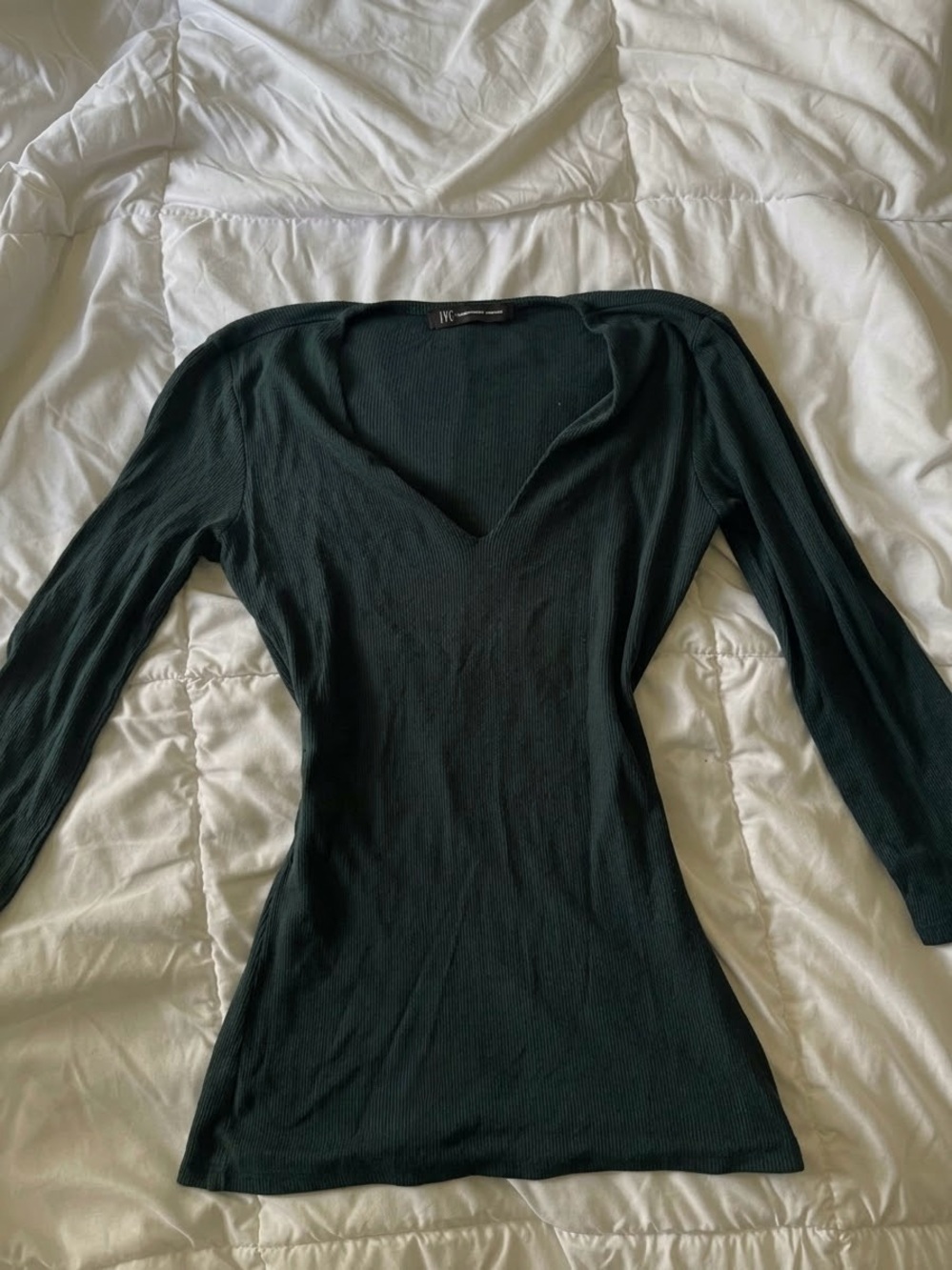 Dark Green Ribbed V-Neck Long Sleeve Top